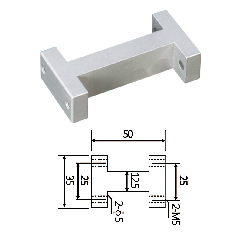 Small fixture connects to the I-beam frame at 50mm.
