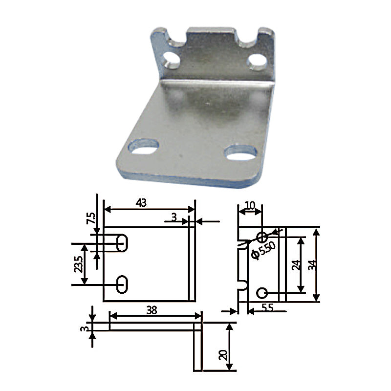 Small fixture connects L-block with a 43mm diameter.
